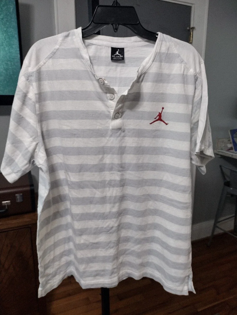 Jordan Jumpman Short-Sleeve Henley Gray And White Stripe Shirt